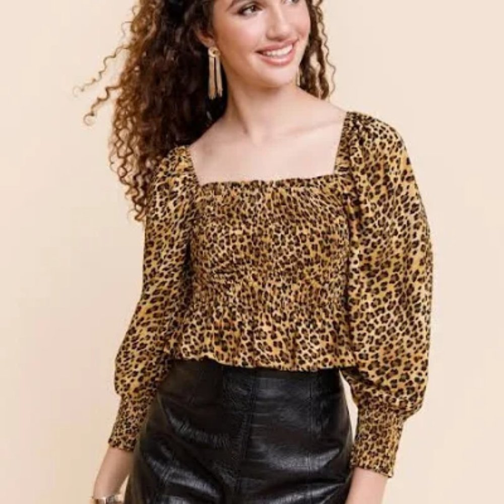 NEW Francesca's M Brown Black‎ Animal Print Smocked Blouse Top